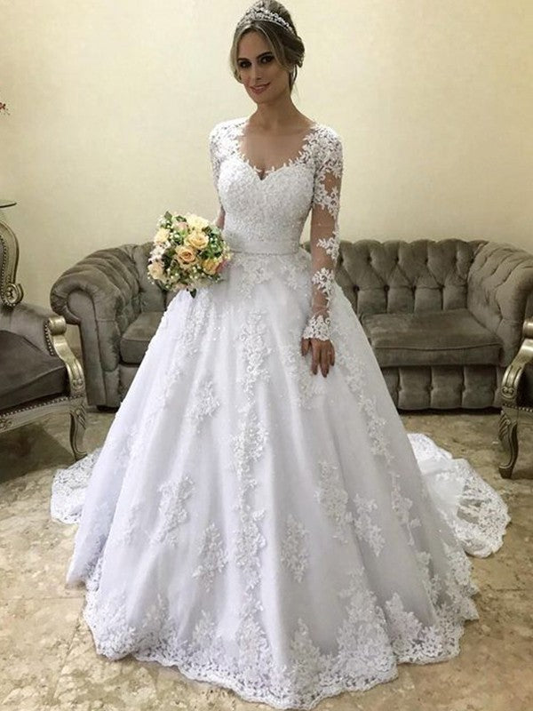 Ball Gown V-Neck Satin Long Sleeve Train Wedding Gown - Chloe Dress
