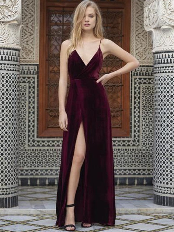 A-Line Spaghetti Strap Velvet Sleeveless Ruffled Floor-Length Dress - Chloe Dress