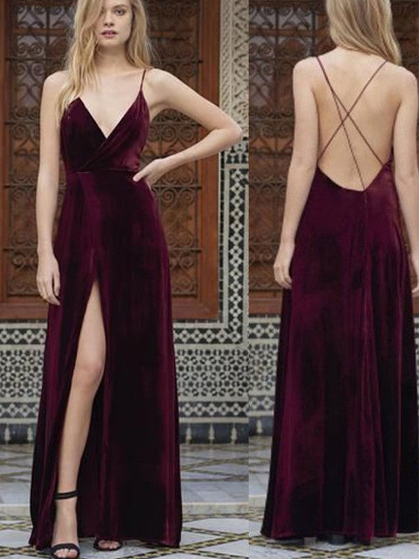 A-Line Spaghetti Strap Velvet Sleeveless Ruffled Floor-Length Dress - Chloe Dress