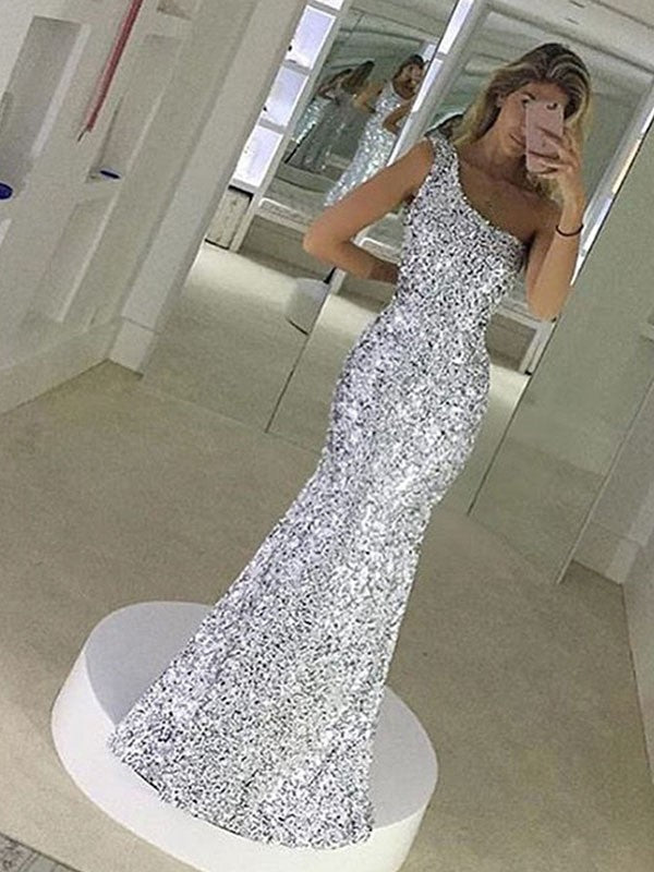 Sheath One-Shoulder Sequin Sleeveless Ruffled Floor-Length Dress - Chloe Dress