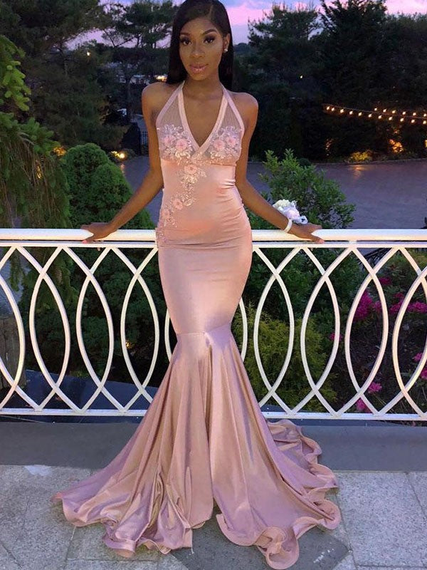 Mermaid Halter Satin Sleeveless Train Dress - Chloe Dress