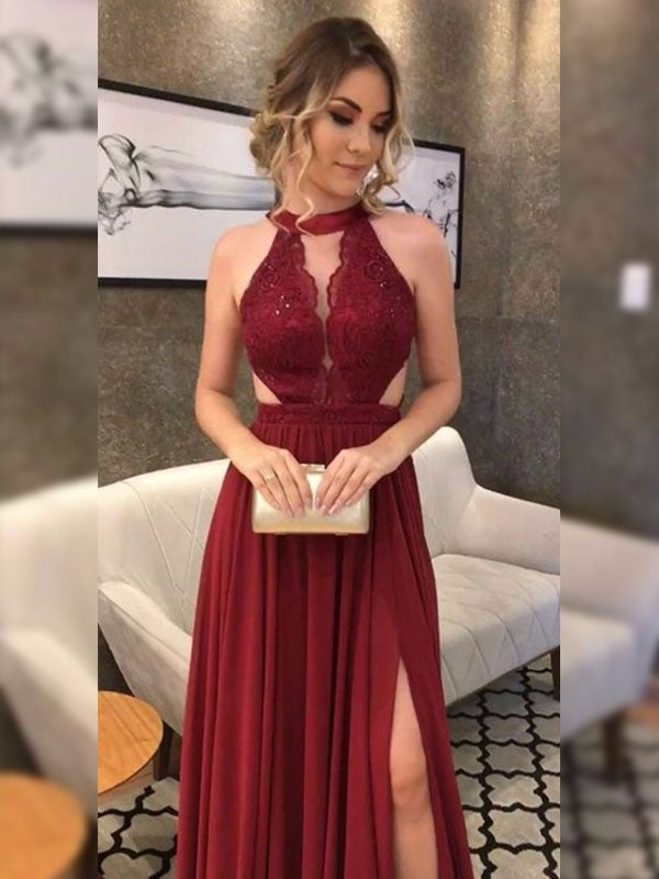 A-Line Halter Chiffon Sleeveless Applique Floor-Length Dress - Chloe Dress