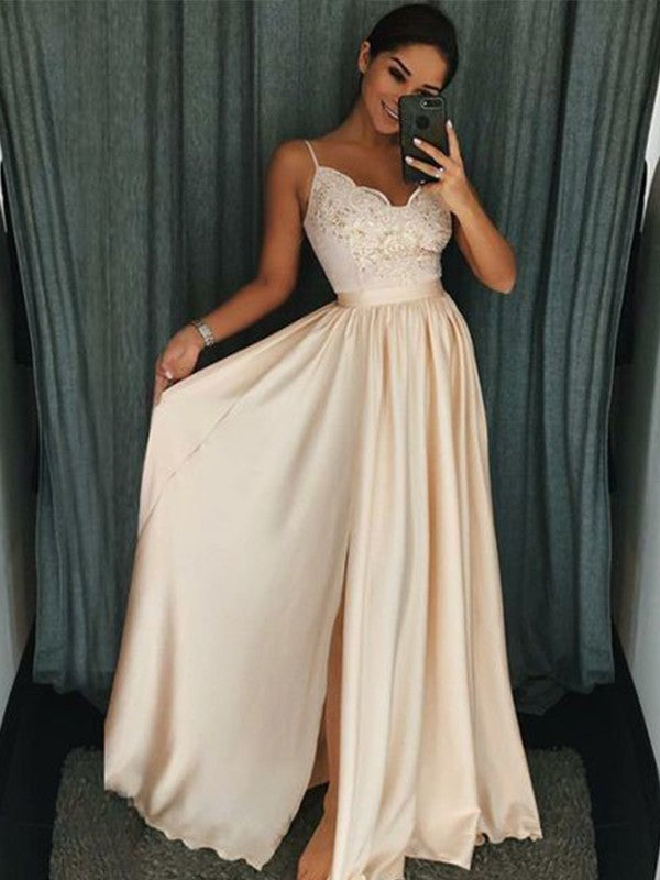 A-Line Spaghetti Strap Satin Sleeveless Applique Floor-Length Dress - Chloe Dress