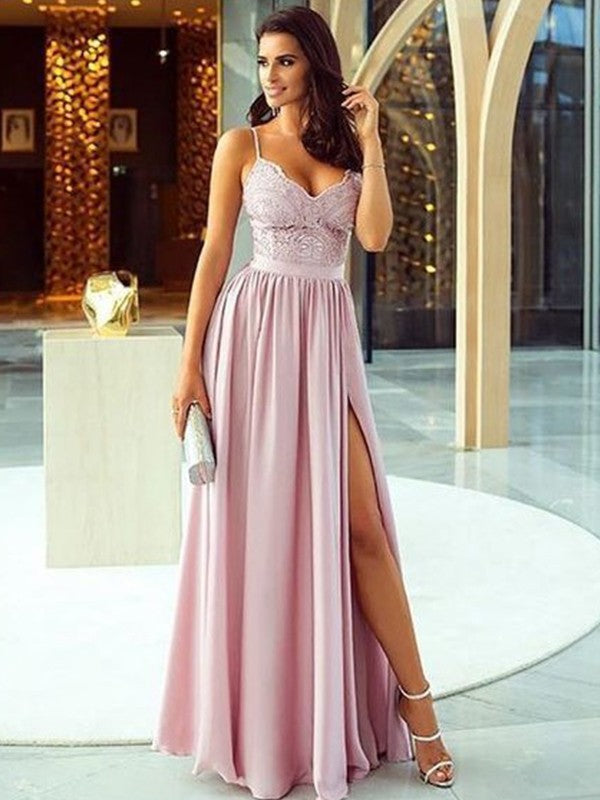 A-Line Spaghetti Strap Satin Sleeveless Applique Floor-Length Dress - Chloe Dress