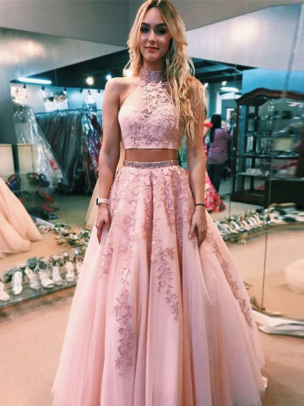 A-Line Halter Tulle Sleeveless Applique Floor-Length Dress - Chloe Dress
