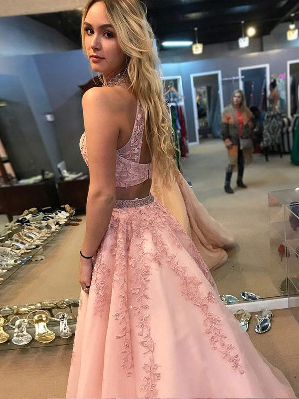 A-Line Halter Tulle Sleeveless Applique Floor-Length Dress - Chloe Dress