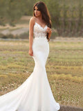 Mermaid Spaghetti Strap Crepe Sleeveless Train Wedding Dress - Chloe Dress