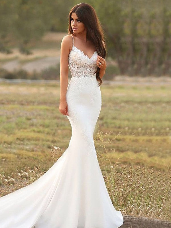 Mermaid Spaghetti Strap Crepe Sleeveless Train Wedding Dress - Chloe Dress