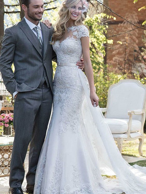 Mermaid Tulle Short Sleeve Train Mini Wedding Dress - Chloe Dress