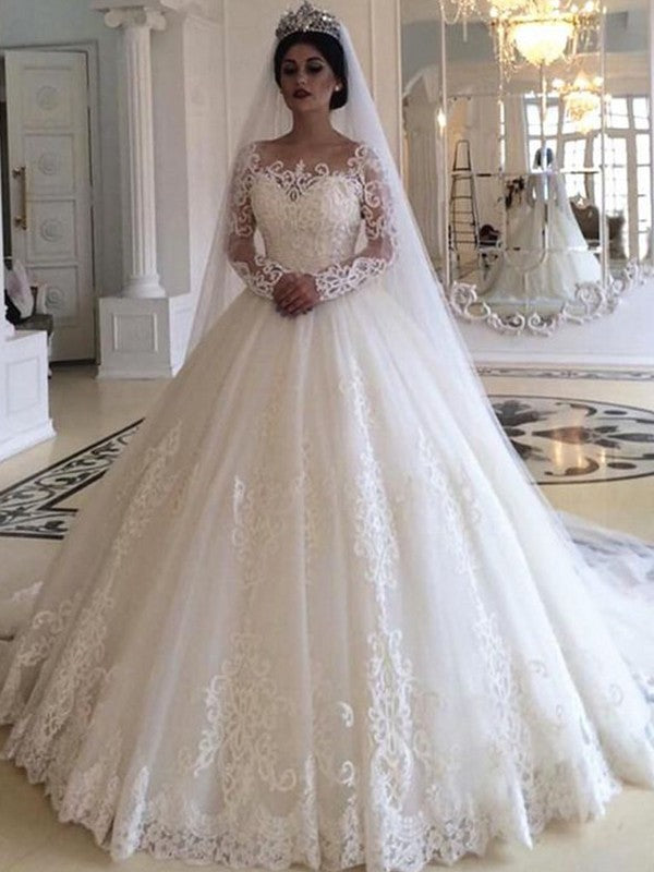 Ball Gown Tulle Long Sleeve Train Wedding Gown - Chloe Dress