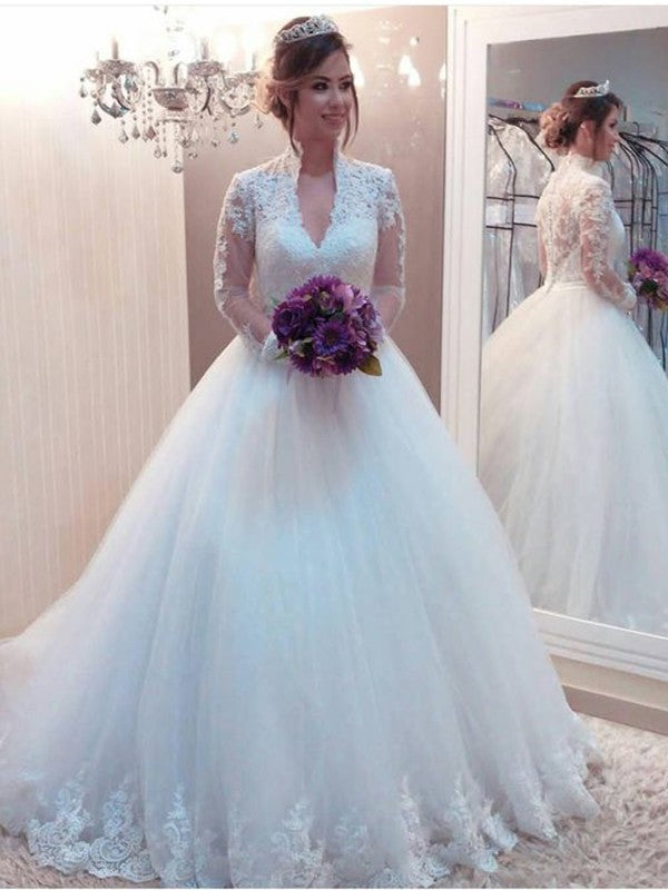 Ball Gown High Neck Tulle Long Sleeve Train Wedding Gown - Chloe Dress