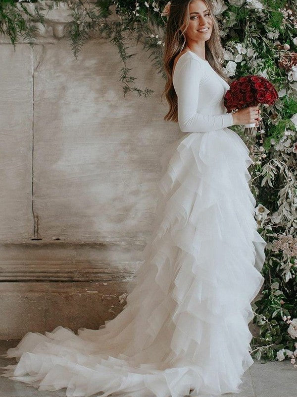 A-Line Tulle Long Sleeve Ruffled Wedding Dress - Chloe Dress