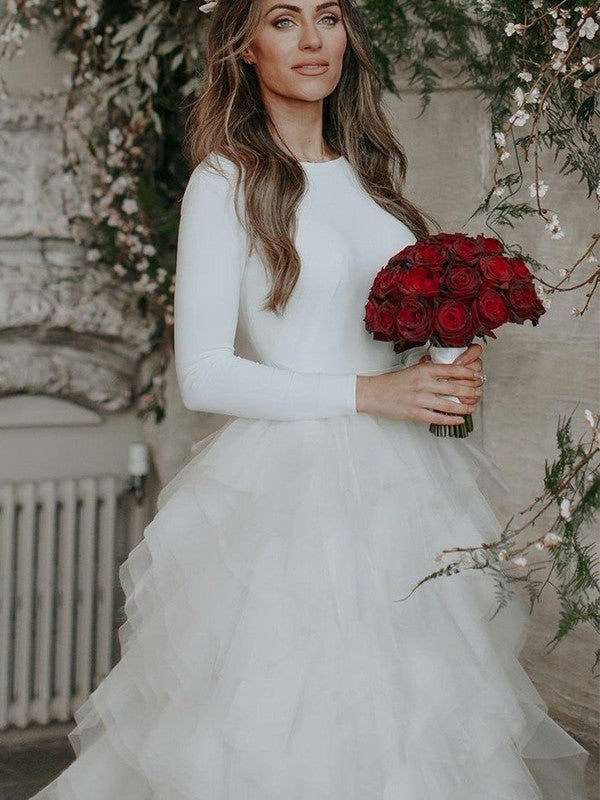 A-Line Tulle Long Sleeve Ruffled Wedding Dress - Chloe Dress