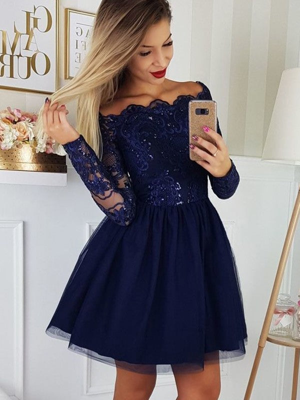A-Line Tulle Long Sleeve Applique Mini Homecoming Dress - Chloe Dress
