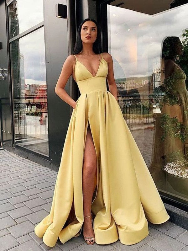A-Line Spaghetti Strap Satin Sleeveless Ruffled Floor-Length Dress - Chloe Dress