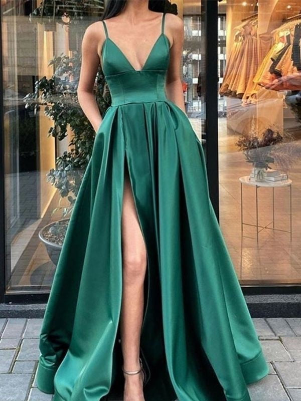 A-Line Spaghetti Strap Satin Sleeveless Ruffled Floor-Length Dress - Chloe Dress