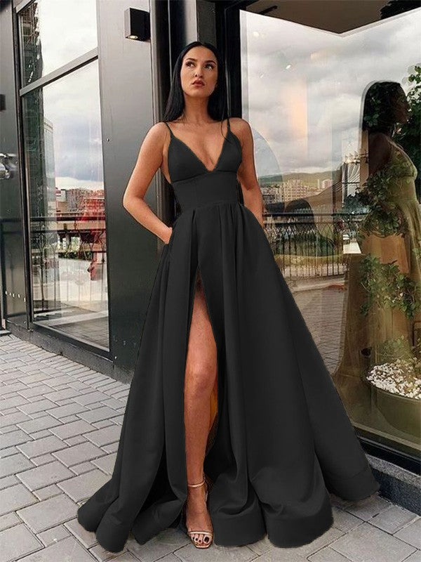 A-Line Spaghetti Strap Satin Sleeveless Ruffled Floor-Length Dress - Chloe Dress