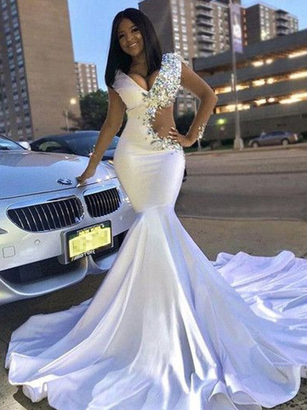 Mermaid V-Neck Satin Long Sleeve Train Dress - Chloe Dress