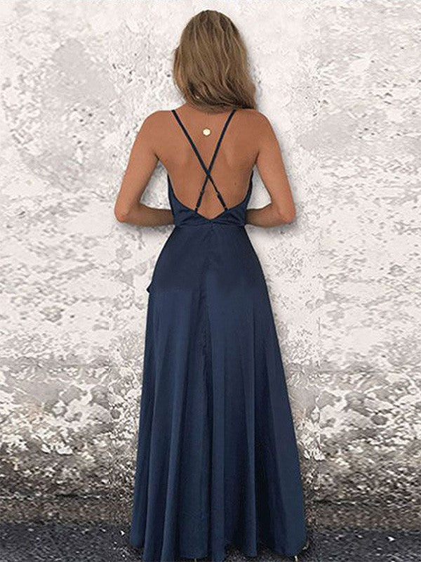A-Line Spaghetti Strap Satin Sleeveless Floor-Length Dress - Chloe Dress