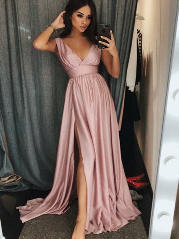 A-Line V-Neck Satin Sleeveless Ruffled Dress - Chloe Dress