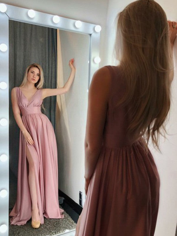 A-Line V-Neck Satin Sleeveless Ruffled Dress - Chloe Dress