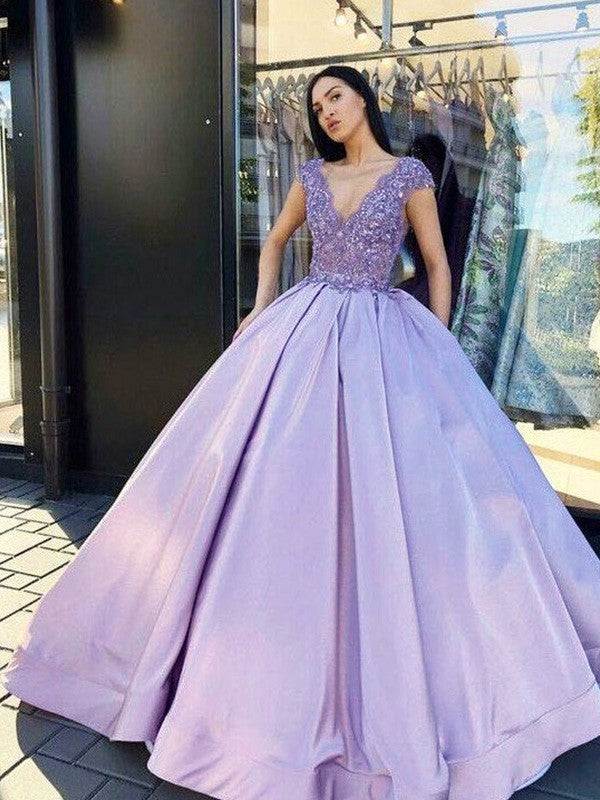 Ball Gown V-Neck Satin Short Sleeve Floor-Length Gown - Chloe Dress