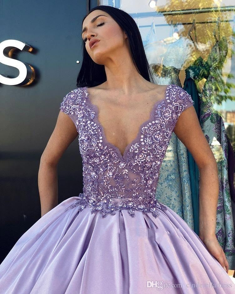 Ball Gown V-Neck Satin Short Sleeve Floor-Length Gown - Chloe Dress