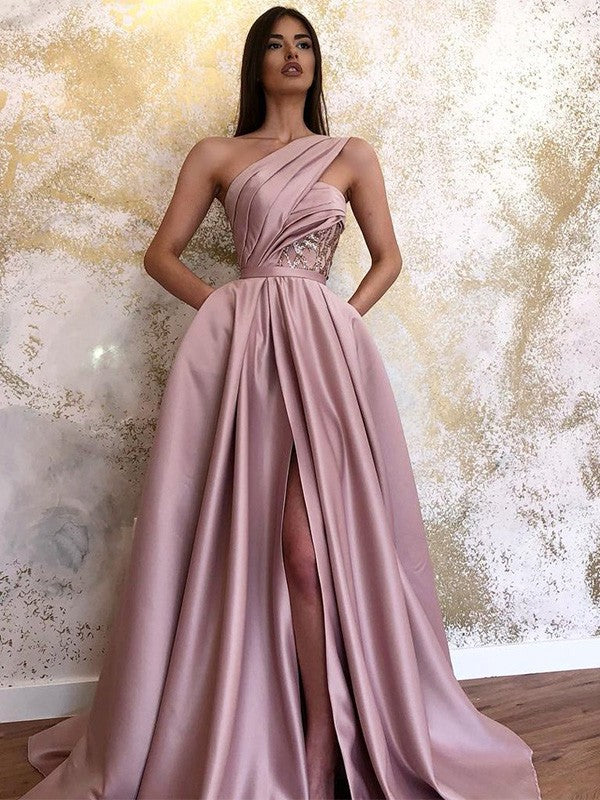 A-Line One-Shoulder Satin Sleeveless Train Dress - Chloe Dress