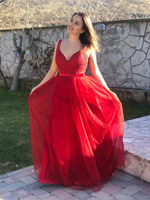 A-Line V-Neck Tulle Sleeveless Applique Floor-Length Dress - Chloe Dress
