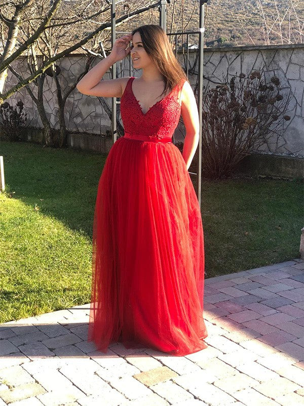 A-Line V-Neck Tulle Sleeveless Applique Floor-Length Dress - Chloe Dress
