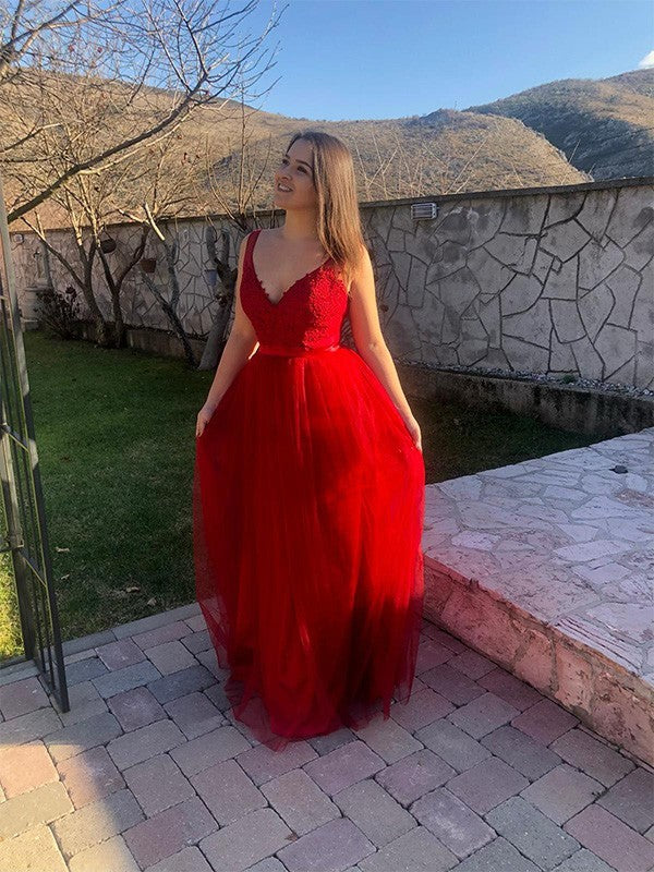 A-Line V-Neck Tulle Sleeveless Applique Floor-Length Dress - Chloe Dress