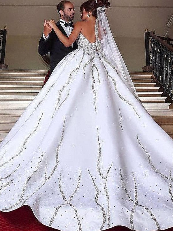 Ball Gown Sweetheart Satin Sleeveless Train Wedding Gown - Chloe Dress