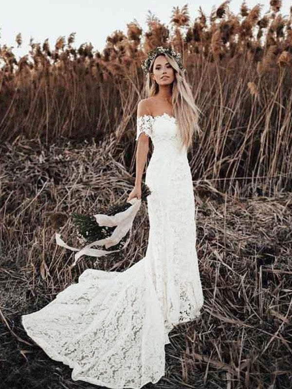 Mermaid Lace Short Sleeve Train Mini Wedding Dress - Chloe Dress