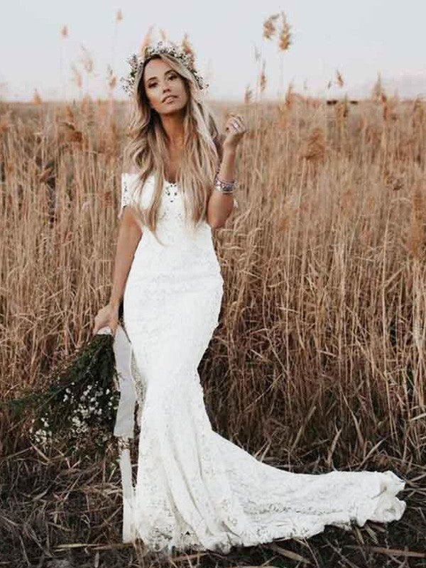 Mermaid Lace Short Sleeve Train Mini Wedding Dress - Chloe Dress