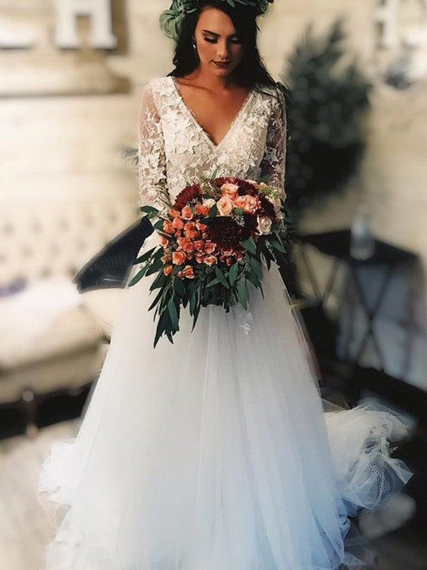 A-Line V-Neck Tulle Long Sleeve Train Wedding Dress - Chloe Dress