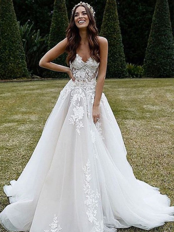 A-Line V-Neck Tulle Sleeveless Train Wedding Dress - Chloe Dress