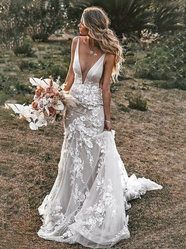 Sheath V-Neck Tulle Sleeveless Train Wedding Dress - Chloe Dress