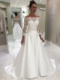 A-Line Satin Three-Quarter Sleeve Train Wedding Dress - Chloe Dress