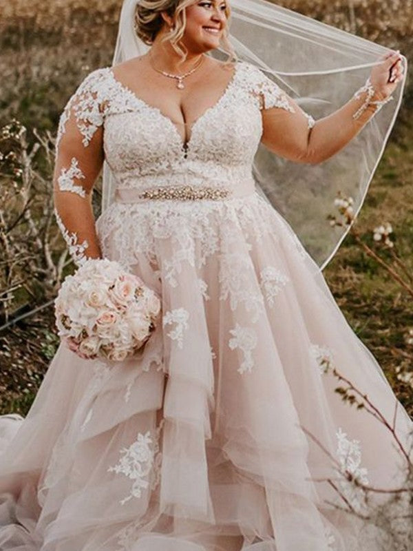 Ball Gown V-Neck Tulle Long Sleeve Train Wedding Gown - Chloe Dress
