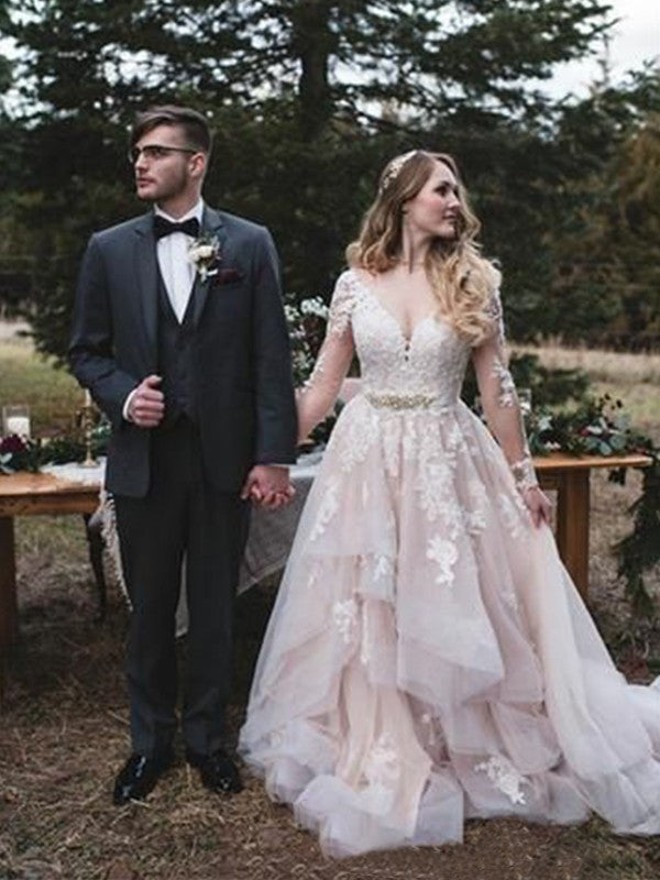 A-Line V-Neck Organza Long Sleeve Train Wedding Dress - Chloe Dress