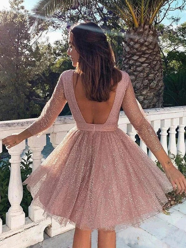 A-Line Three-Quarter Sleeve Ruffled Mini Homecoming Dress - Chloe Dress