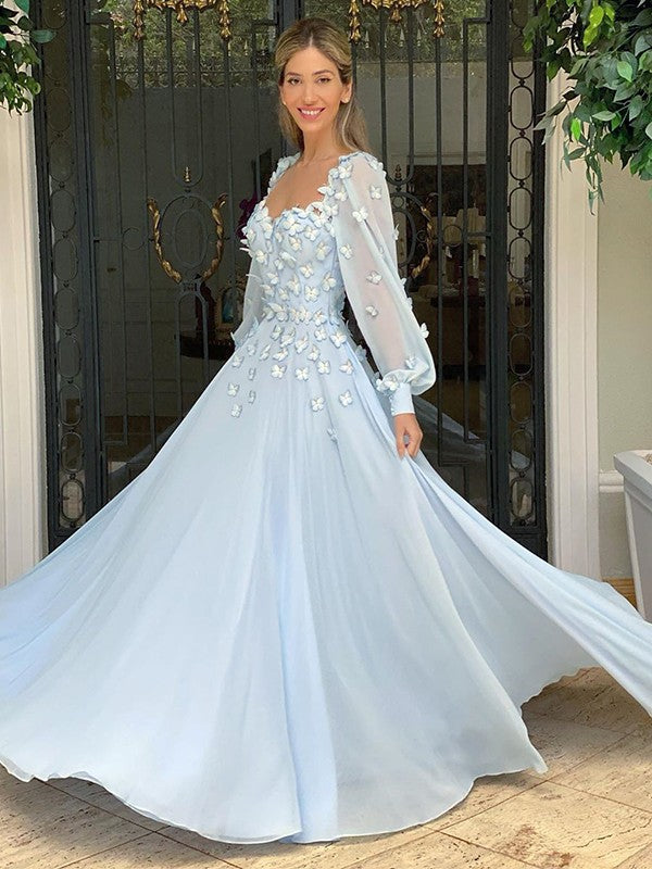 A-Line Sweetheart Chiffon Long Sleeve Applique Floor-Length Dress - Chloe Dress