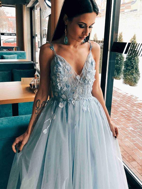 A-Line V-Neck Tulle Sleeveless Applique Floor-Length Dress - Chloe Dress