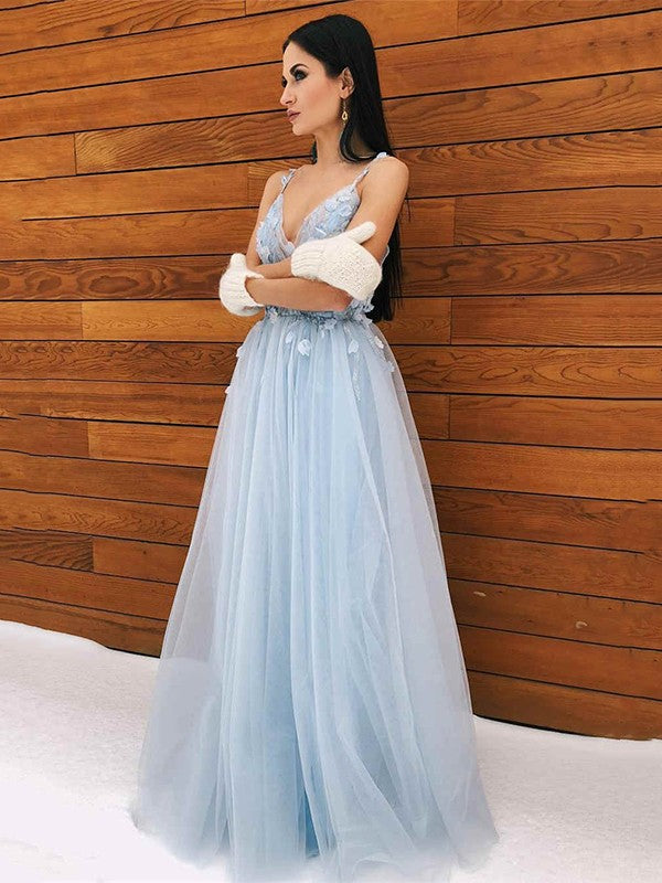A-Line V-Neck Tulle Sleeveless Applique Floor-Length Dress - Chloe Dress