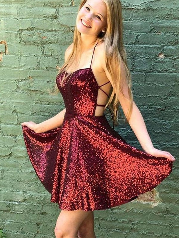 A-Line Spaghetti Strap Sequin Sleeveless Ruffled Mini Dress - Chloe Dress