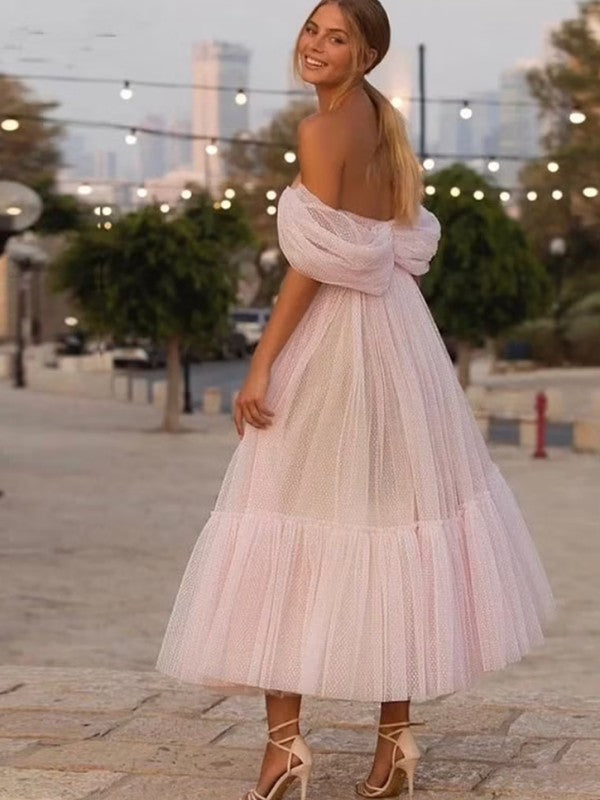 A-Line Tulle Sleeveless Ruffled Tea-Length Dress - Chloe Dress
