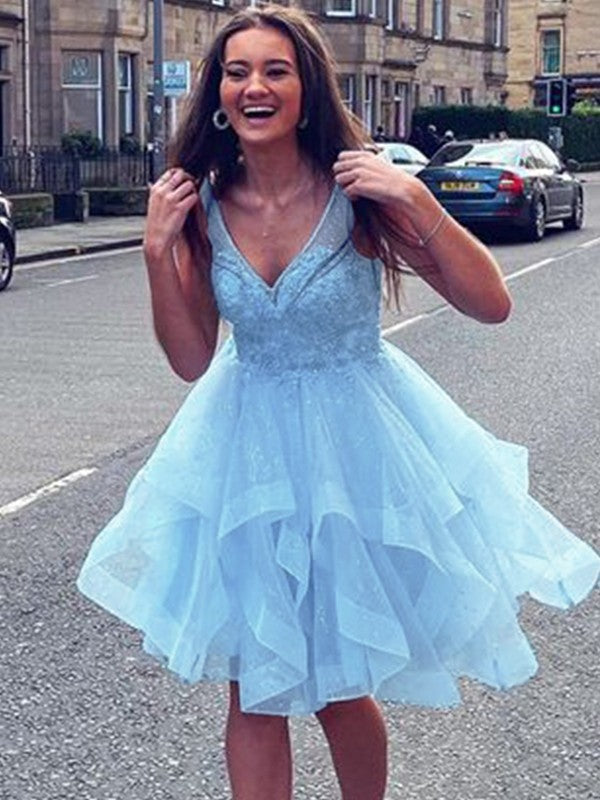 A-Line V-Neck Tulle Sleeveless Ruffled Mini Dress - Chloe Dress