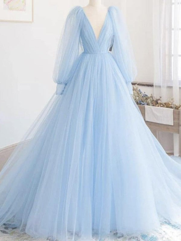 A-Line V-Neck Tulle Long Sleeve Ruffled Dress - Chloe Dress