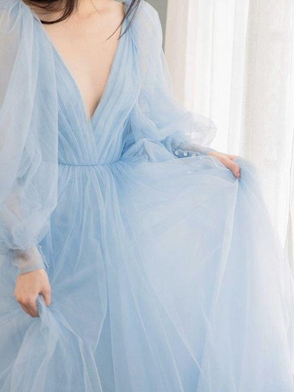 A-Line V-Neck Tulle Long Sleeve Ruffled Dress - Chloe Dress