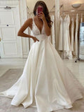 A-Line V-Neck Satin Sleeveless Train Wedding Dress - Chloe Dress